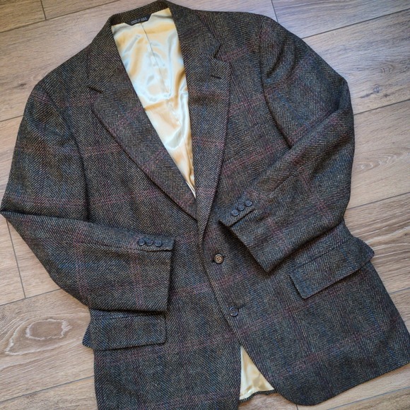 Vtg Polo Ralph Lauren University Club Blazer Brown Herringbone Tweed Wool 42R